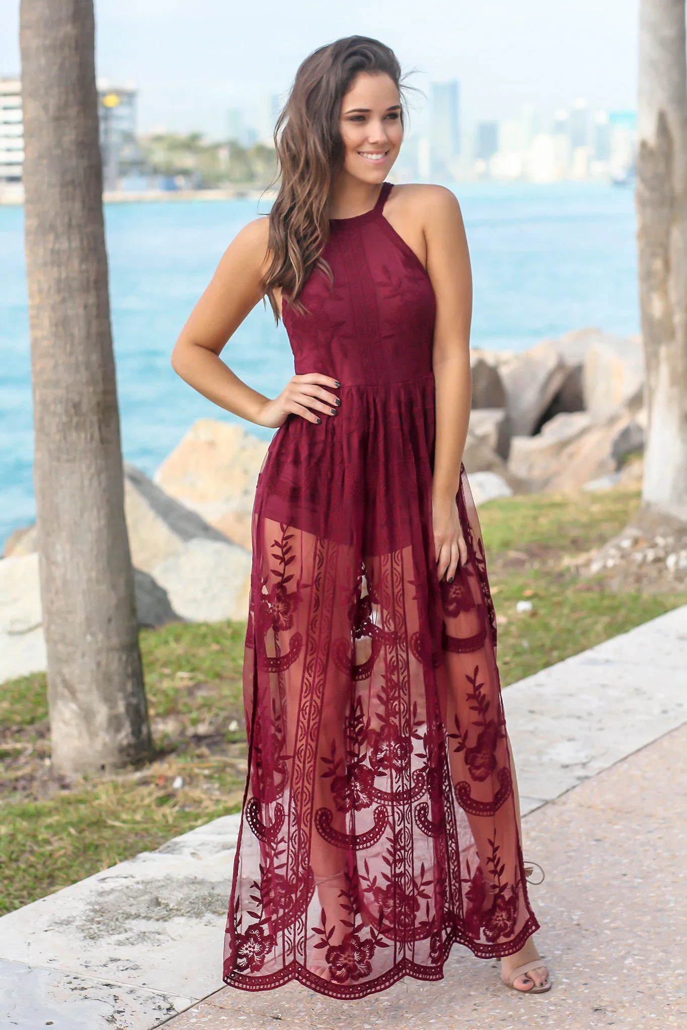 Wine Halter Neck Lace Maxi Romper