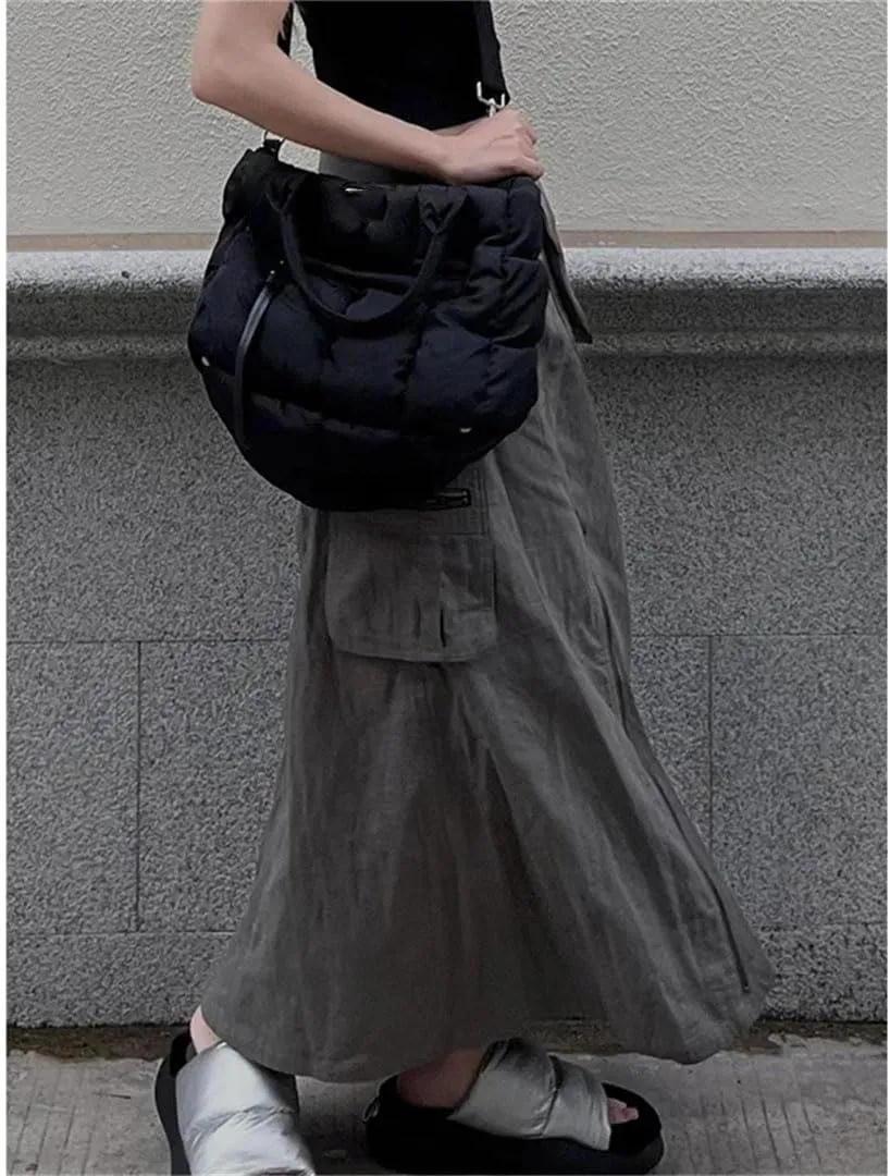 Women Cargo Skirts Y2K Vintage Pockets A Line Harajuku Korean High Waist Slit Zipper Casual Skirts