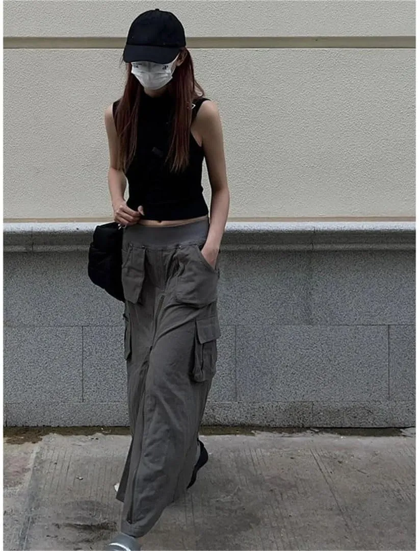 Women Cargo Skirts Y2K Vintage Pockets A Line Harajuku Korean High Waist Slit Zipper Casual Skirts