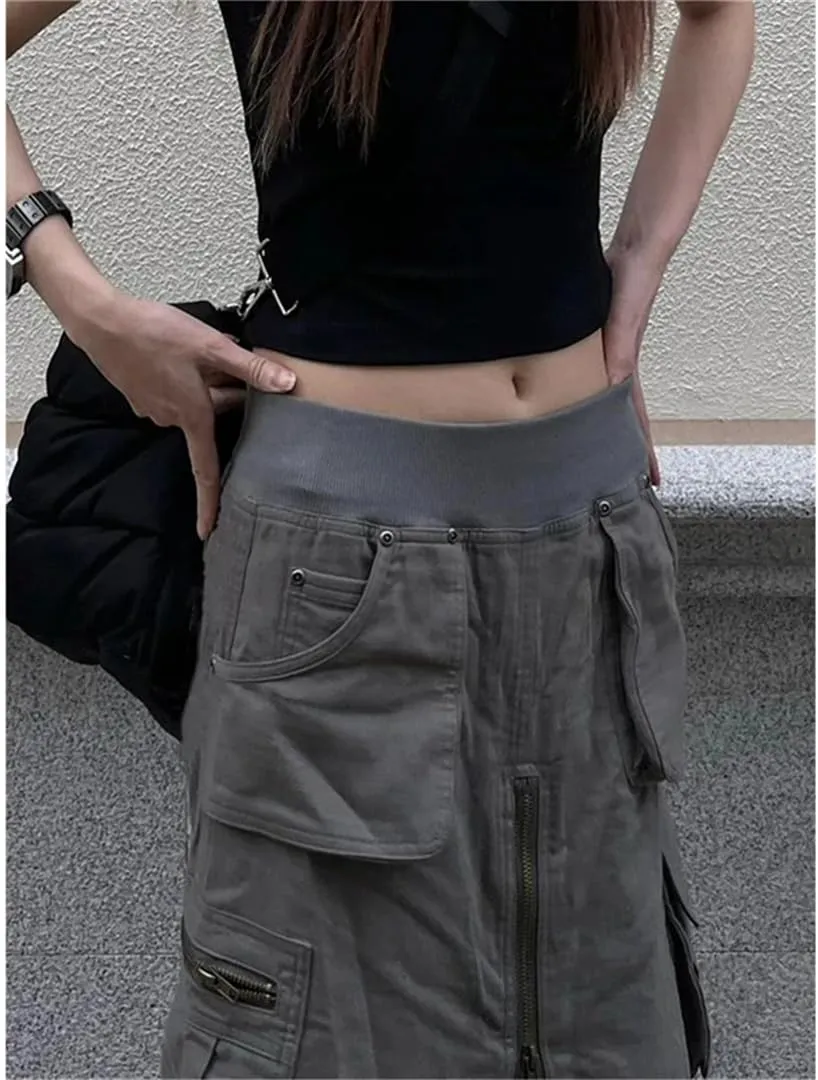 Women Cargo Skirts Y2K Vintage Pockets A Line Harajuku Korean High Waist Slit Zipper Casual Skirts