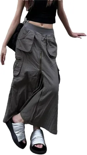 Women Cargo Skirts Y2K Vintage Pockets A Line Harajuku Korean High Waist Slit Zipper Casual Skirts