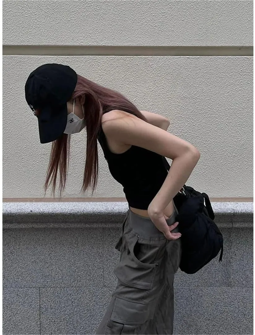 Women Cargo Skirts Y2K Vintage Pockets A Line Harajuku Korean High Waist Slit Zipper Casual Skirts