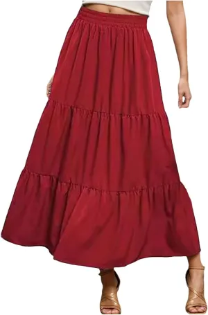 Women's Boho Elastic High Waist Pleated Dress A-Line Flowy Ruffle Tiered Swing Dress Beach Long Skirts with Pockets
