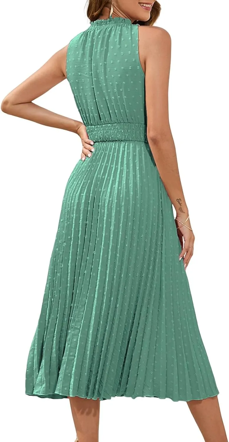 Women's Dresses Summer Ruffle V Neck Tie Dot Dresses Sleeveless A Line Maxi Dress Smocked Waist Plaeted Flowy Dress
