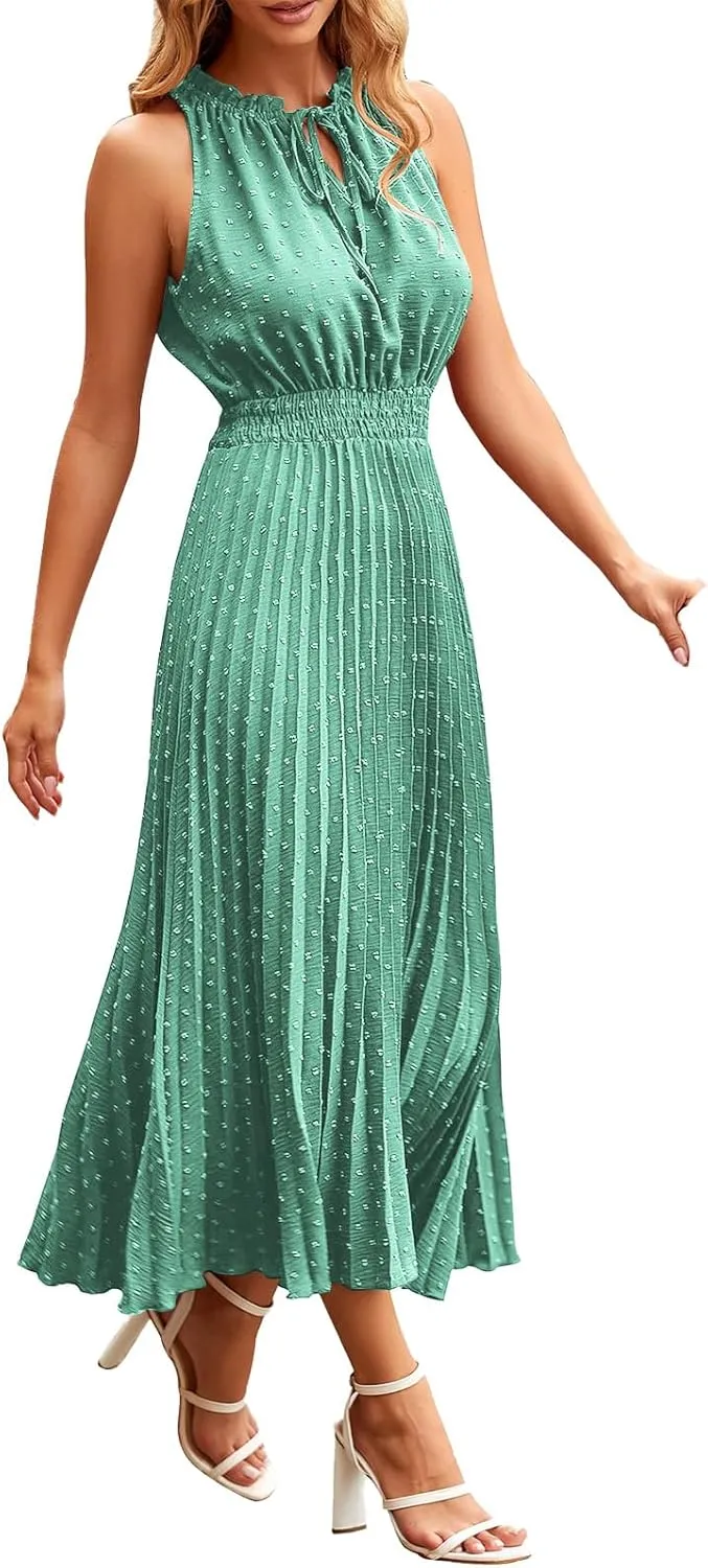 Women's Dresses Summer Ruffle V Neck Tie Dot Dresses Sleeveless A Line Maxi Dress Smocked Waist Plaeted Flowy Dress