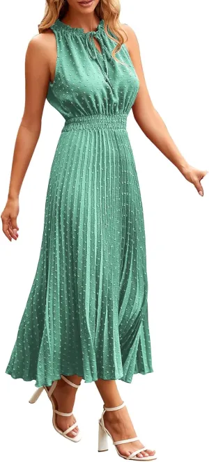 Women's Dresses Summer Ruffle V Neck Tie Dot Dresses Sleeveless A Line Maxi Dress Smocked Waist Plaeted Flowy Dress