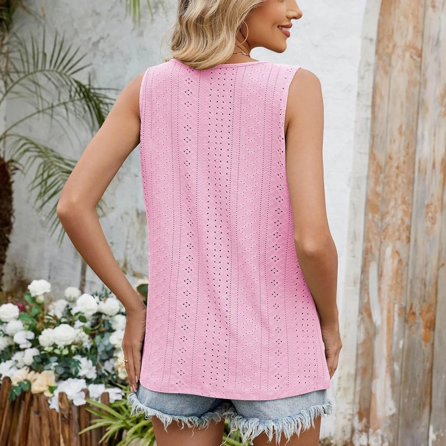Women's Eyelet Embroidery Tank Tops Summer Keyhole Neck Sleeveless Hollow T-Shirts Casual Beach Coverup Tanks Blouse