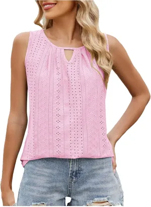 Women's Eyelet Embroidery Tank Tops Summer Keyhole Neck Sleeveless Hollow T-Shirts Casual Beach Coverup Tanks Blouse