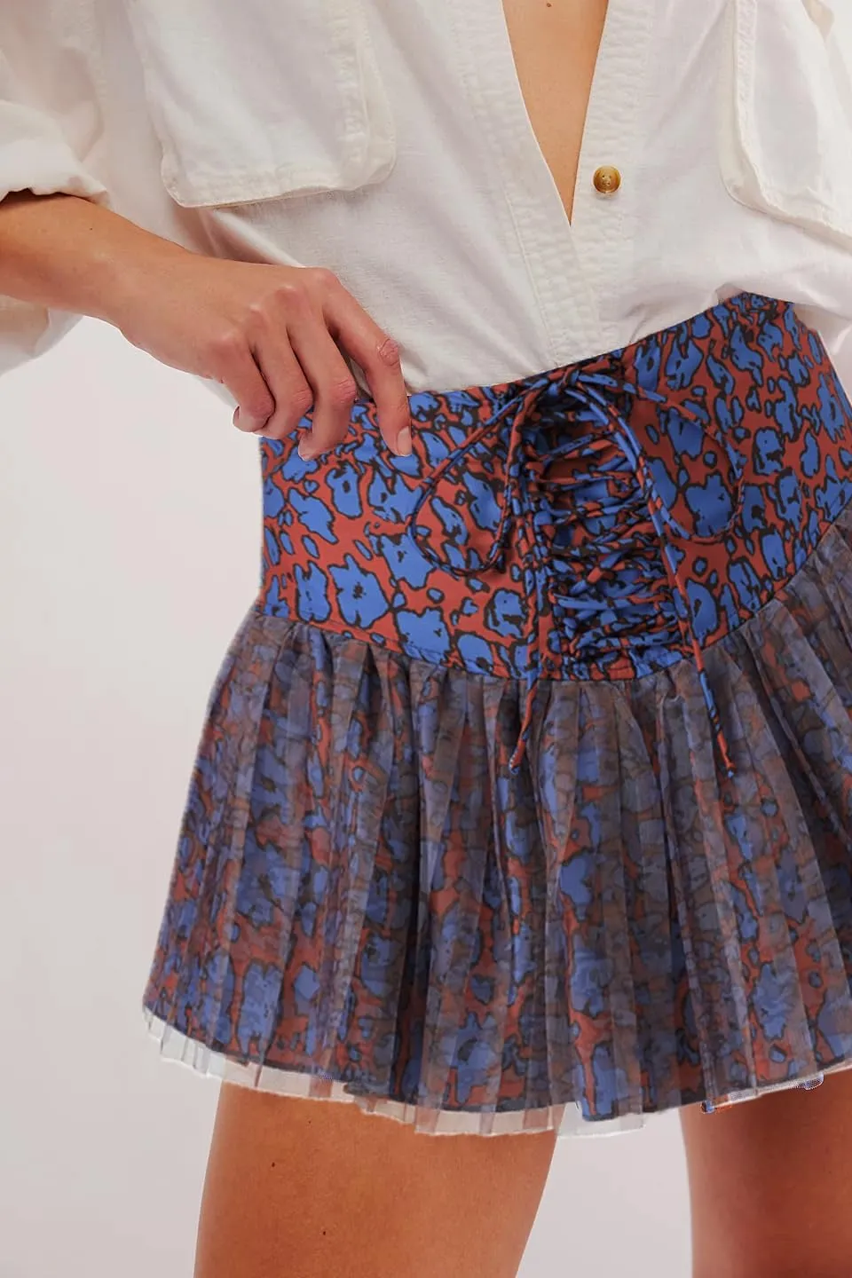 Women's Fashion Pleated Mini Skirts Y2k Floral Print Cross Tie-Up High Waist Short Skirts Summer Casual Skirts