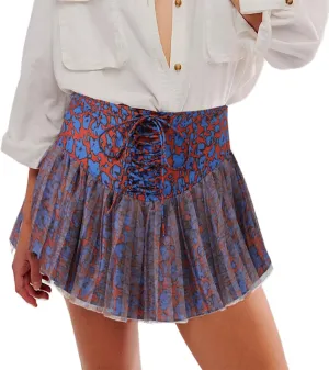 Women's Fashion Pleated Mini Skirts Y2k Floral Print Cross Tie-Up High Waist Short Skirts Summer Casual Skirts