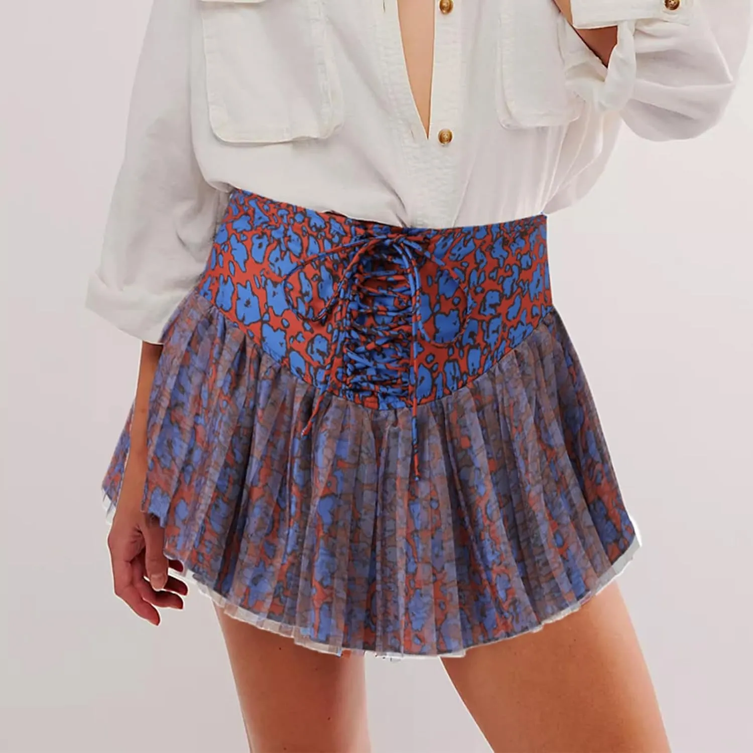 Women's Fashion Pleated Mini Skirts Y2k Floral Print Cross Tie-Up High Waist Short Skirts Summer Casual Skirts