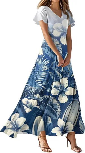Womens Floral Dresses Spring V-Neck Flowy Short Sleeve Dressy Beach High Waist Maxi Dress