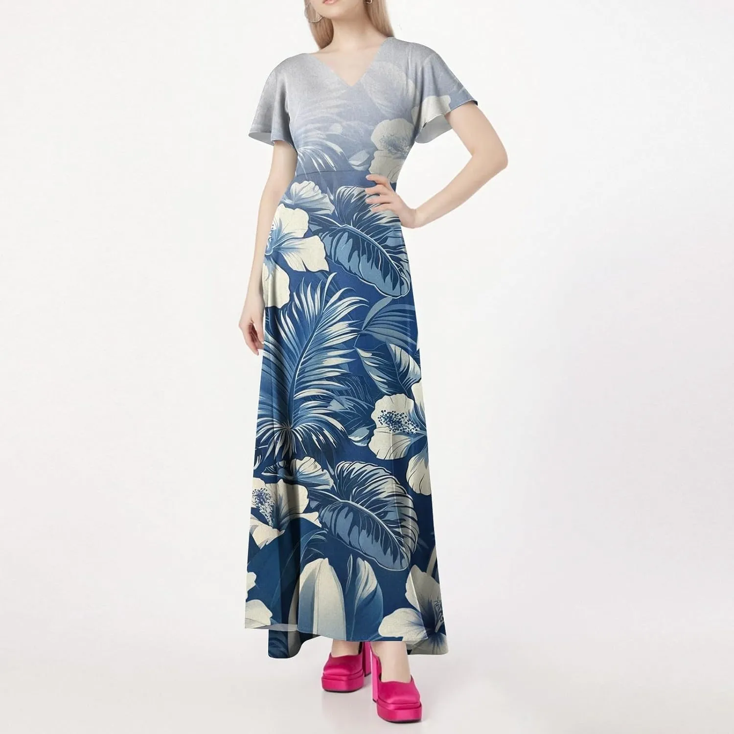 Womens Floral Dresses Spring V-Neck Flowy Short Sleeve Dressy Beach High Waist Maxi Dress