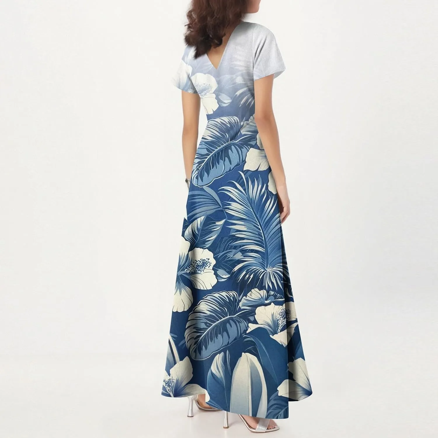 Womens Floral Dresses Spring V-Neck Flowy Short Sleeve Dressy Beach High Waist Maxi Dress