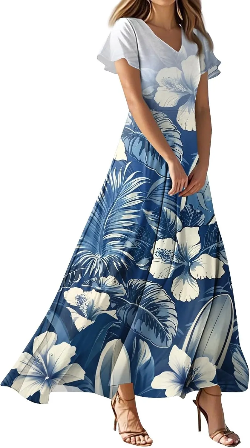 Womens Floral Dresses Spring V-Neck Flowy Short Sleeve Dressy Beach High Waist Maxi Dress