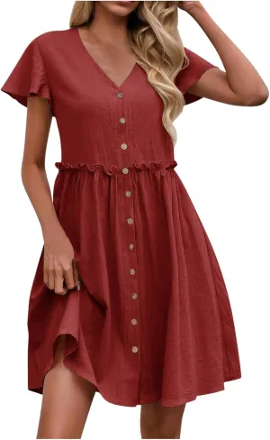 Women's Summer Sun Dresses Loose Fit Solid V Neck Ladies Dress Wide Flowy Hem Comfy Woman Spring Outfits Dress