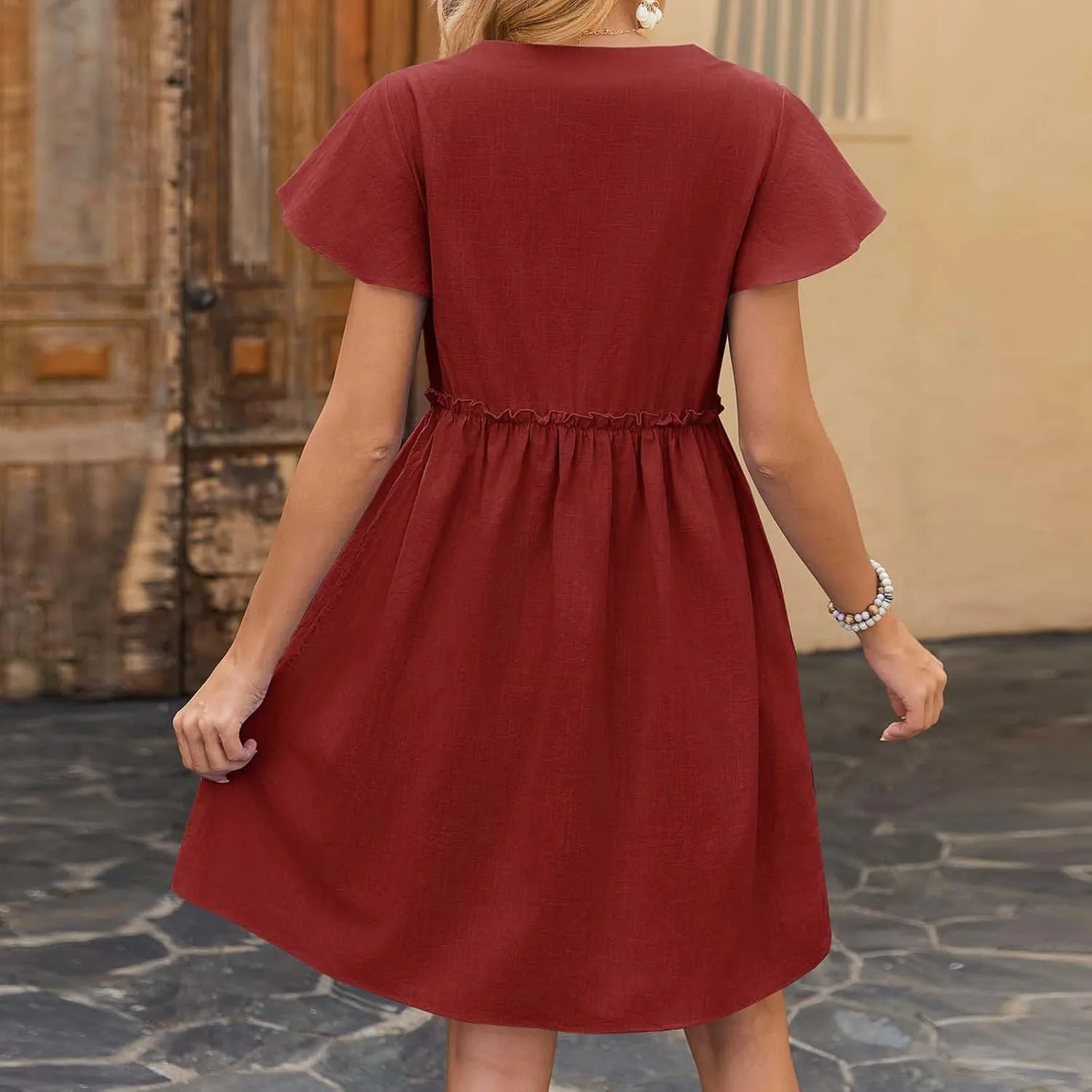 Women's Summer Sun Dresses Loose Fit Solid V Neck Ladies Dress Wide Flowy Hem Comfy Woman Spring Outfits Dress