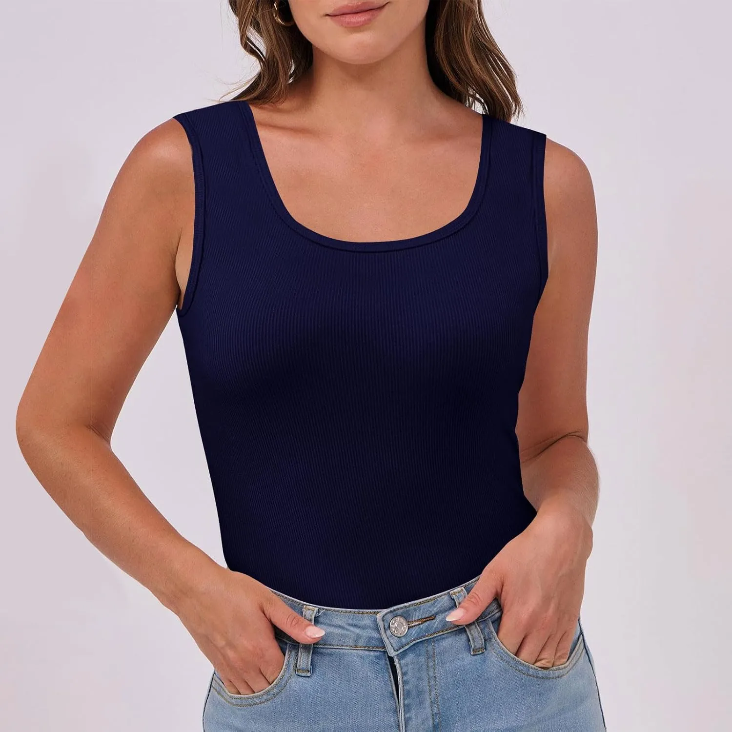 Womens Tank Tops Casual Knitted Round Neck Sleeveless Solid Color Camisole Summer Basic Vacation Outdoor Tank Shirt